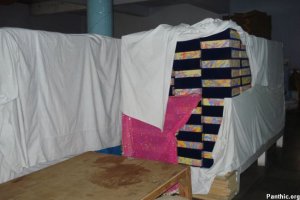 Hundereds of Saroops of Guru Granth Sahib Ji stacked like bricks, dozens of such stacks were in the complex.