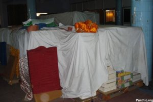 Hundereds of Saroops of Guru Granth Sahib Ji stacked like bricks, dozens of such stacks were in the complex.