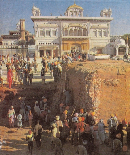 Sri Akaal Takht Sahib- The original platform of Sri Akaal Takht Sahib constructed by Guru Sahib, Baba Buddha Jee, and Bhai Gurdaas Jee is visible here in this photo of Kar Seva after the 1984 attacks. A Manji Sahib is respectfully placed on top of the Takht Sahib (Photo: Unknown). 